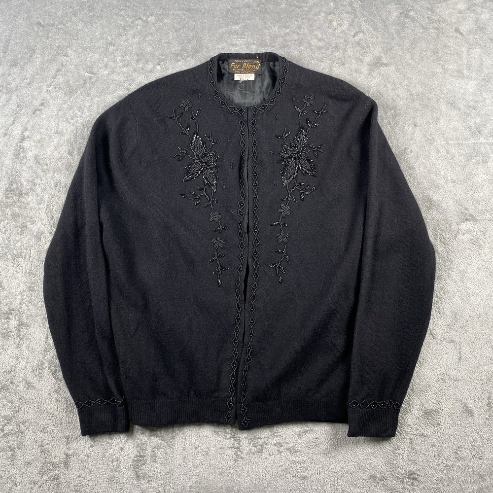 Vtg 50s Beaded Cardigan Womens M Lambswool‎ Angora Evening Glam Fully Fashioned